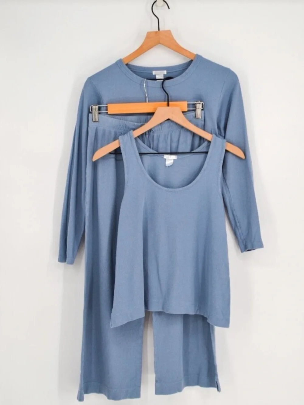 LAKE 3 Pc Pointelle Pajama Set Pima Cotton French Blue Sz M Wide Leg Crop Pant